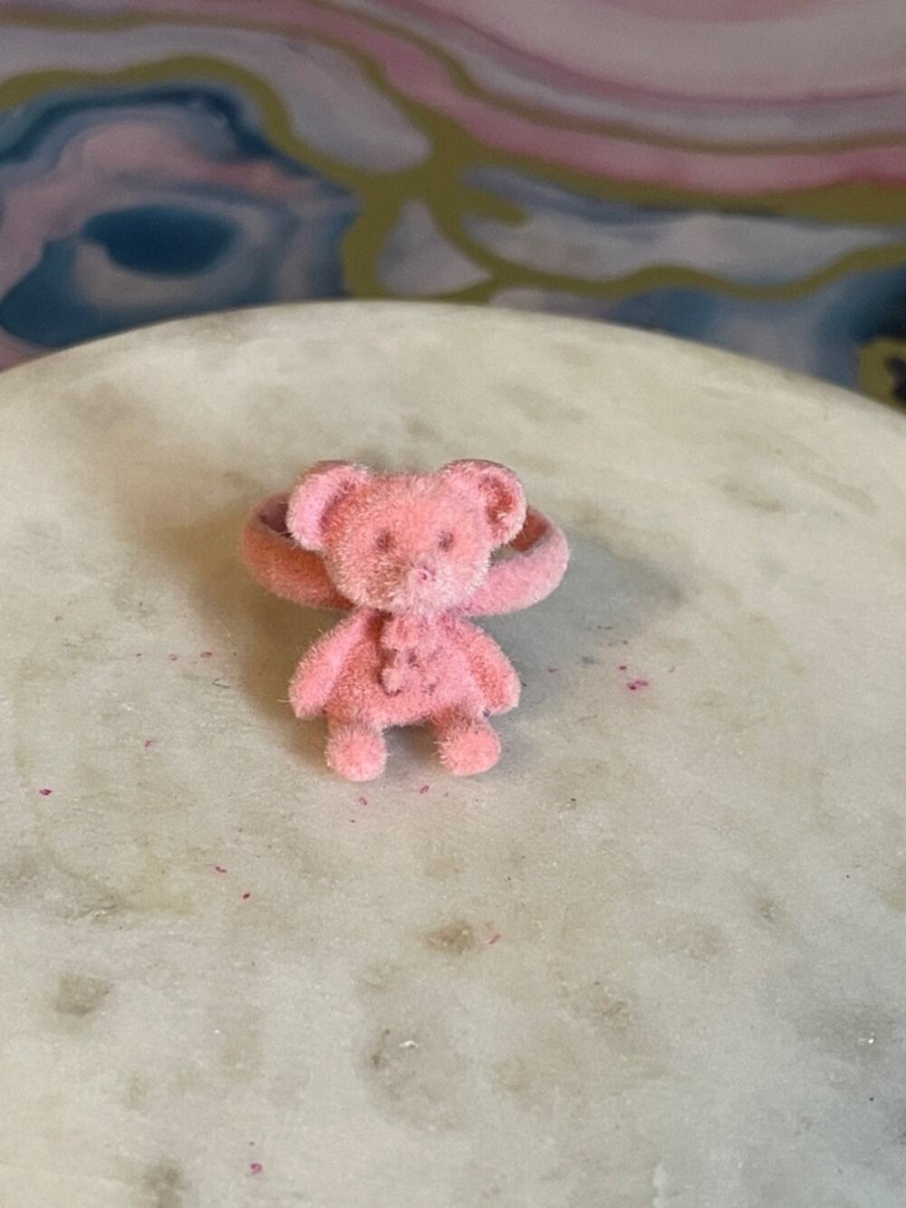 Pink Flocked Teddy Bear Ring adjustable